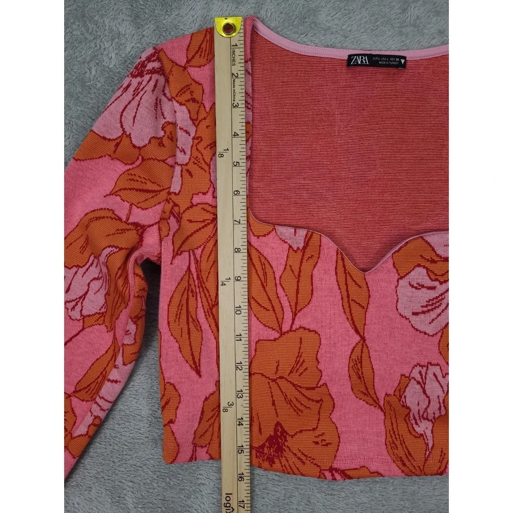 Zara Floral Sweetheart Jacquard Crop Top L‎ Long Sleeve Pink Orange Blogger Fav